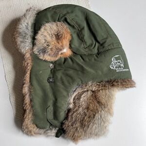 Mad Bomber Trapper Hat Large‎ Olive Green Genuine Rabbit Fur Trim Nylon Aviator